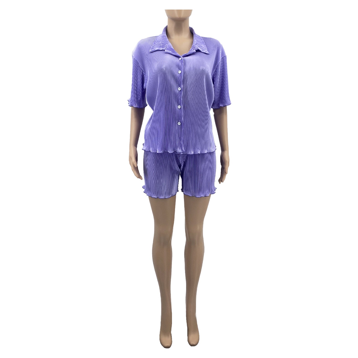 Women's Summer Solid Crumpled Casual Two-Piece Set 16