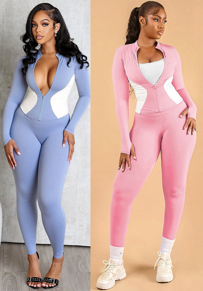 Women Fall Workout Colorblock Sport Jacket Two-Piece Set