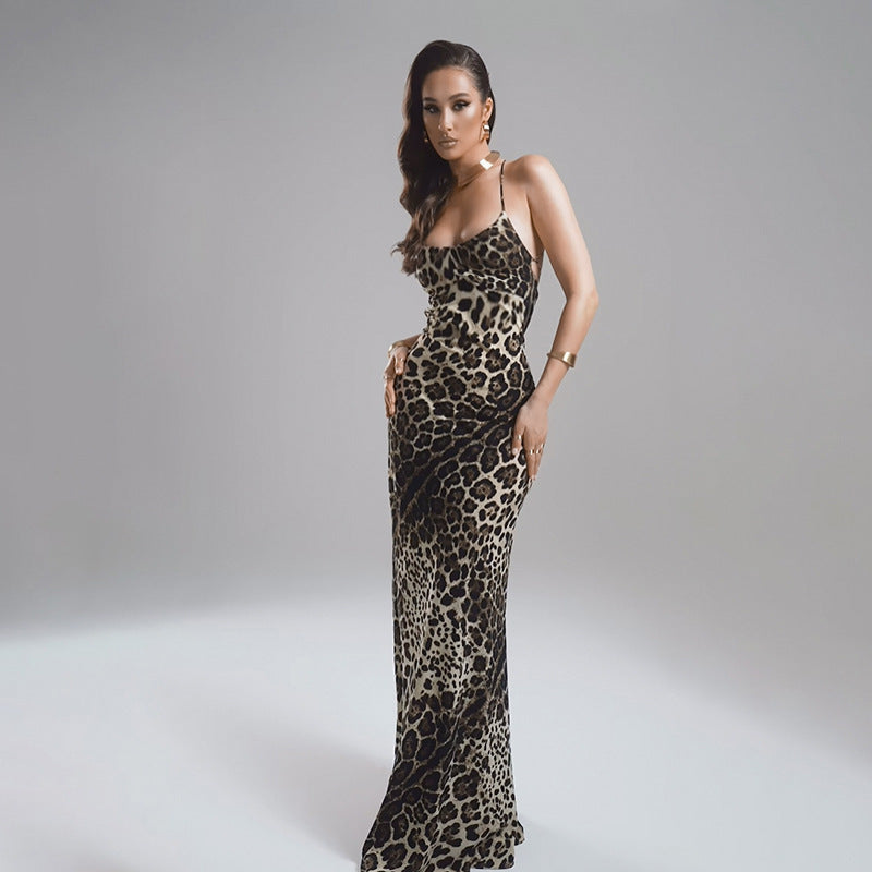 Women Summer Suspender Sexy Leopard Backless Lace-Up Dress
