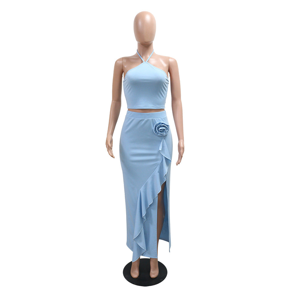 Women Summer Solid Lace-up Sleeveless Top Ruffle Skirt Two-piece Set 5