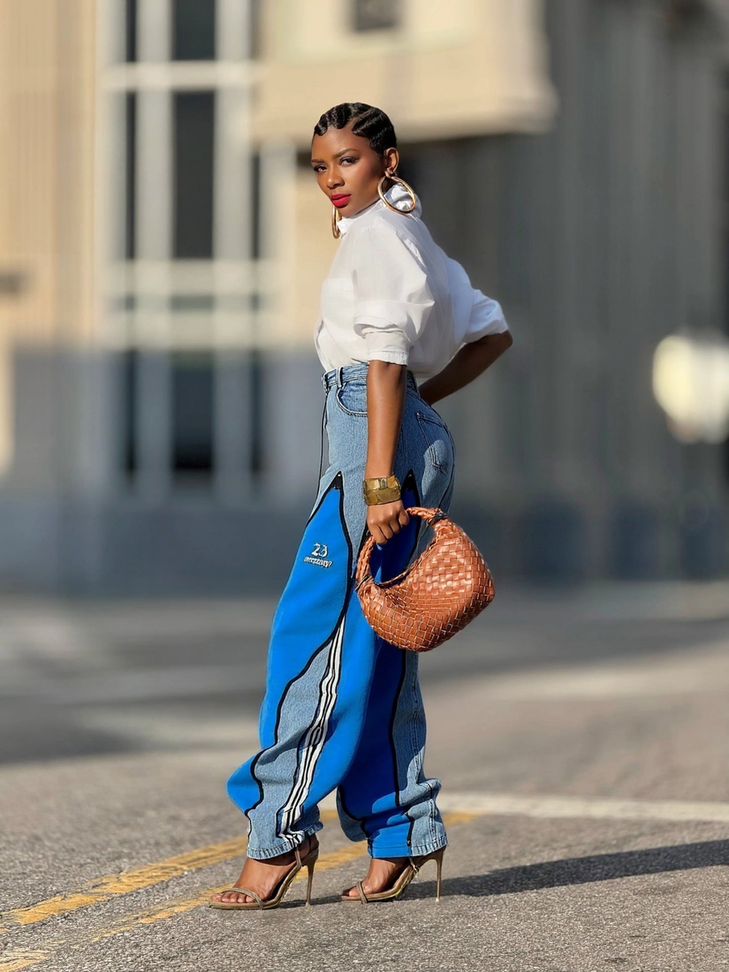 Women Patchwork Contrast Zipper Denim Wide-Leg Pants 3