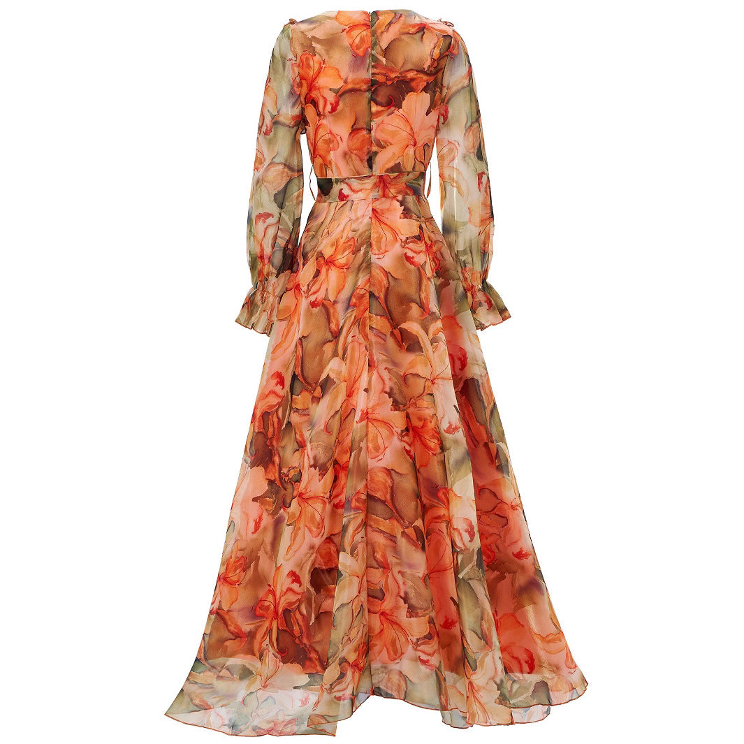 Elegant Women's Long-Sleeve V-Neck Ruffled Formal Party Mesh Evening Gown 6