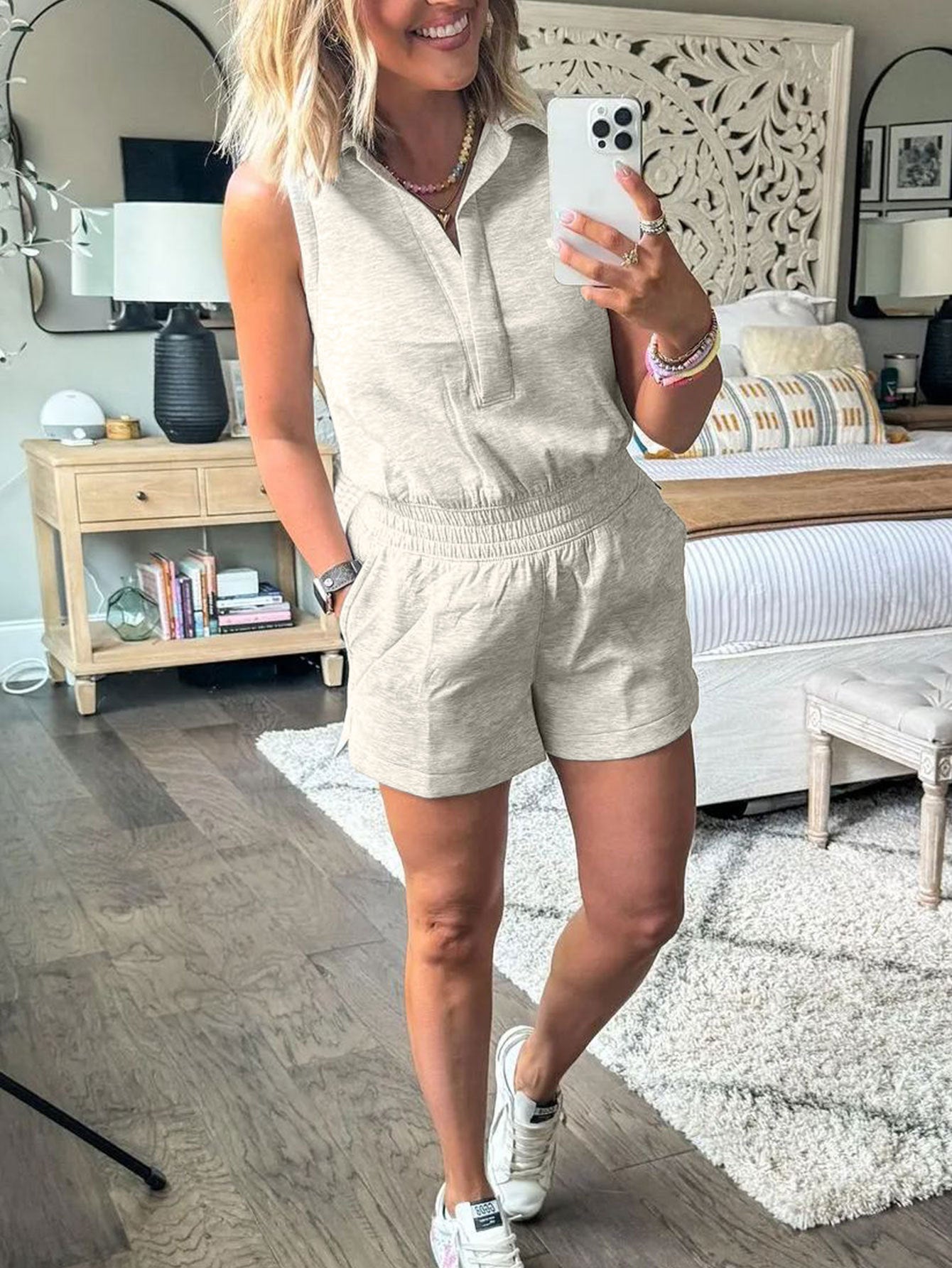 Women Summer Sleeveless Turndown Collar Top and Cargo Shorts Two-piece Set