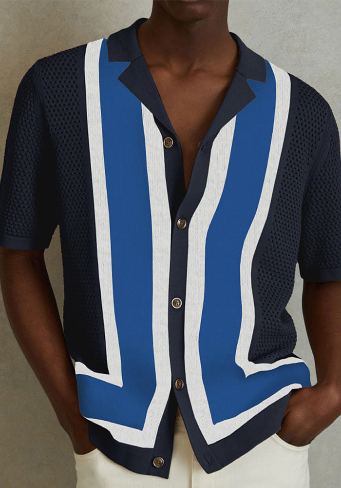 Men’s Striped Color Block Turn-Down Collar Short Sleeves Knitted Polo Shirt