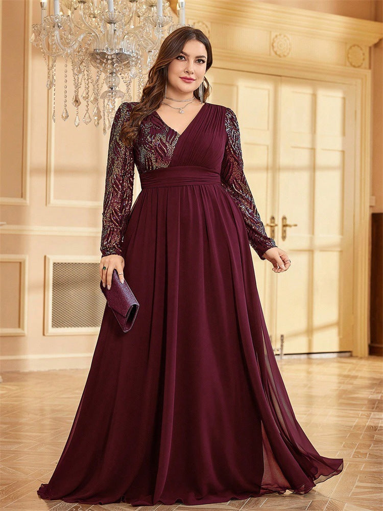 Plus Size Women sequin patchwork formal party fishtail maxi long sleeve evening dress 14