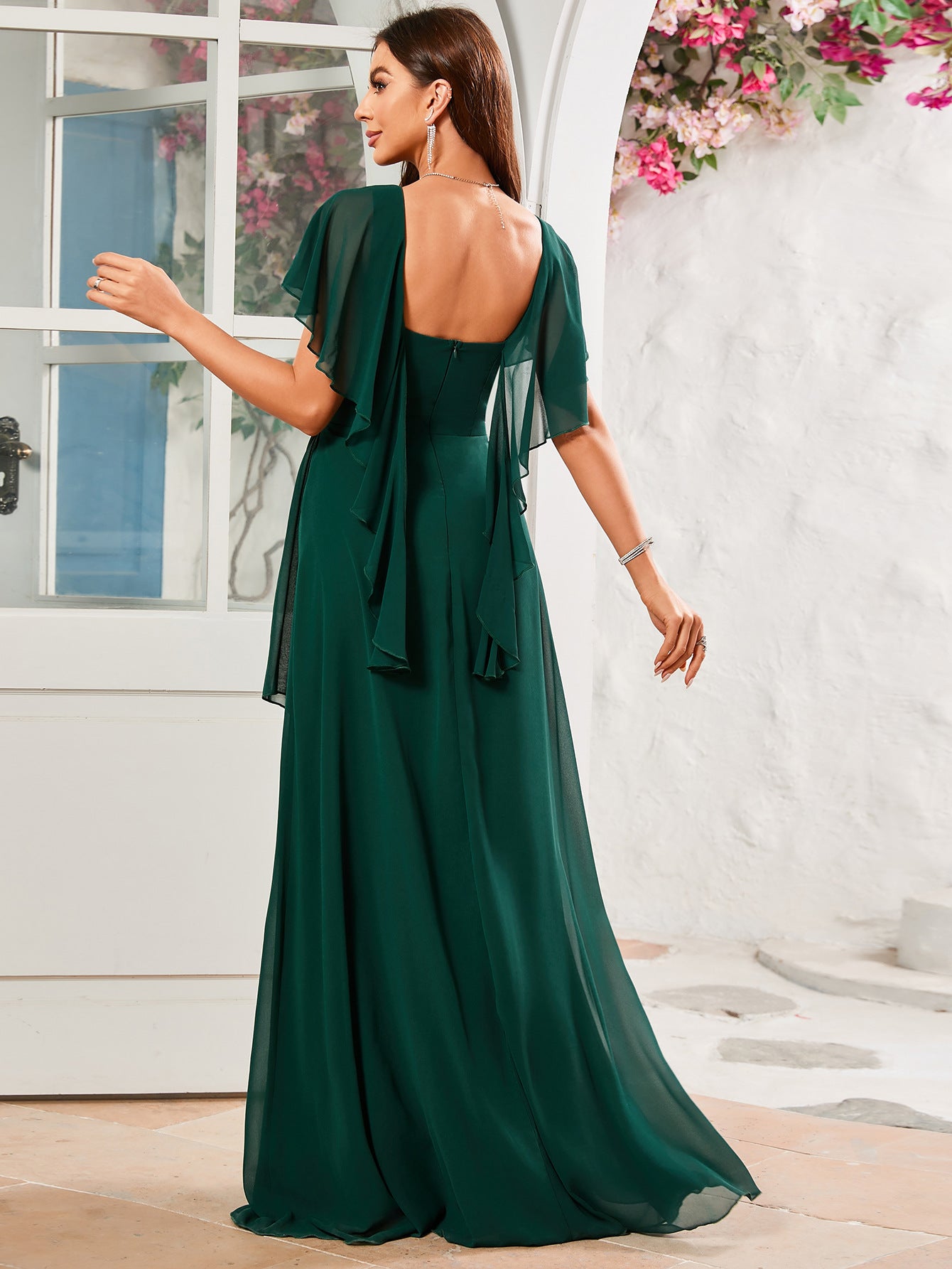 Women V-Neck Chiffon Ruffle Sleeve Pleated Irregular Bridesmaid Dress 3