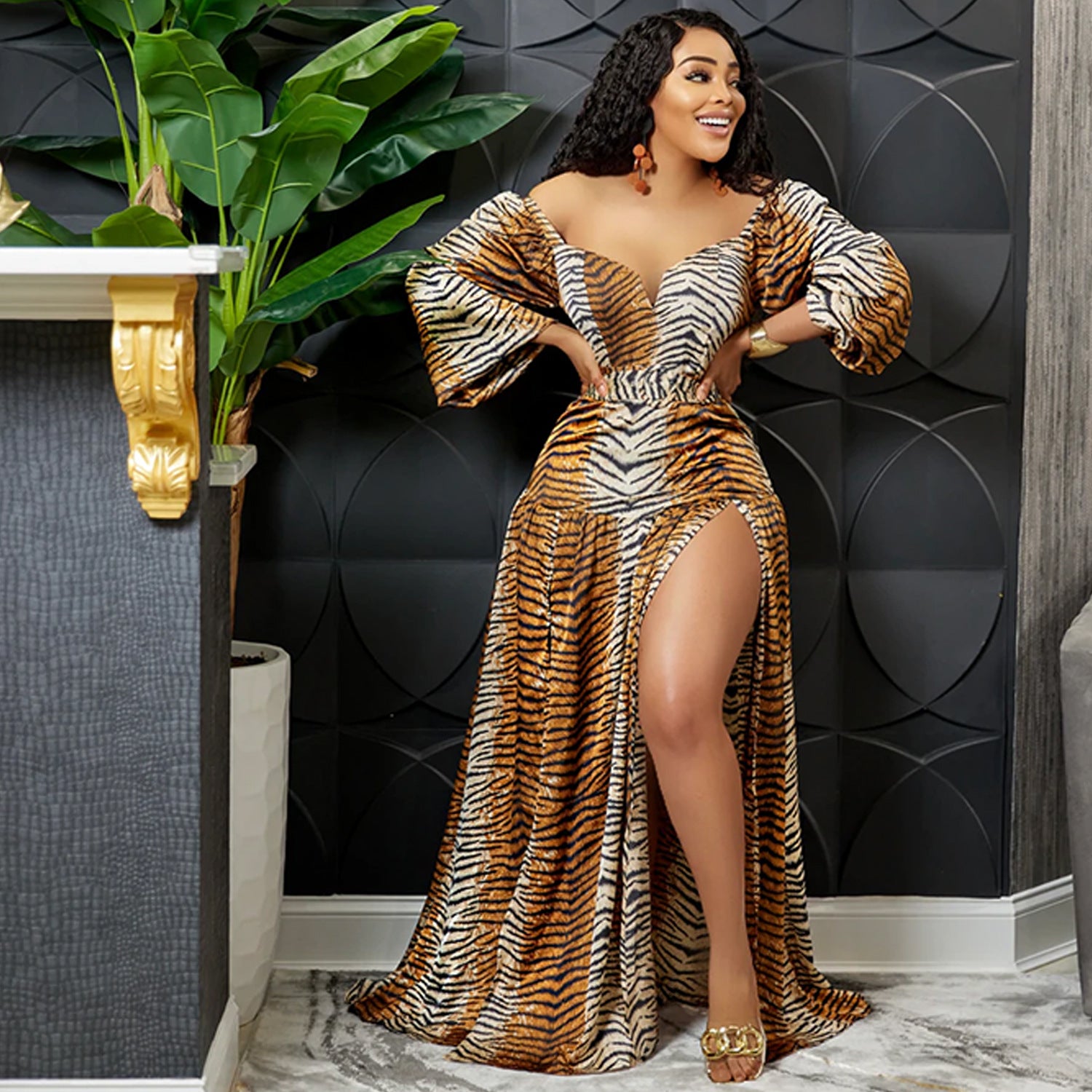 Printed V-Neck Wrap Chest Long Wide-Sleeve Irregular Slit Maxi Dress 6