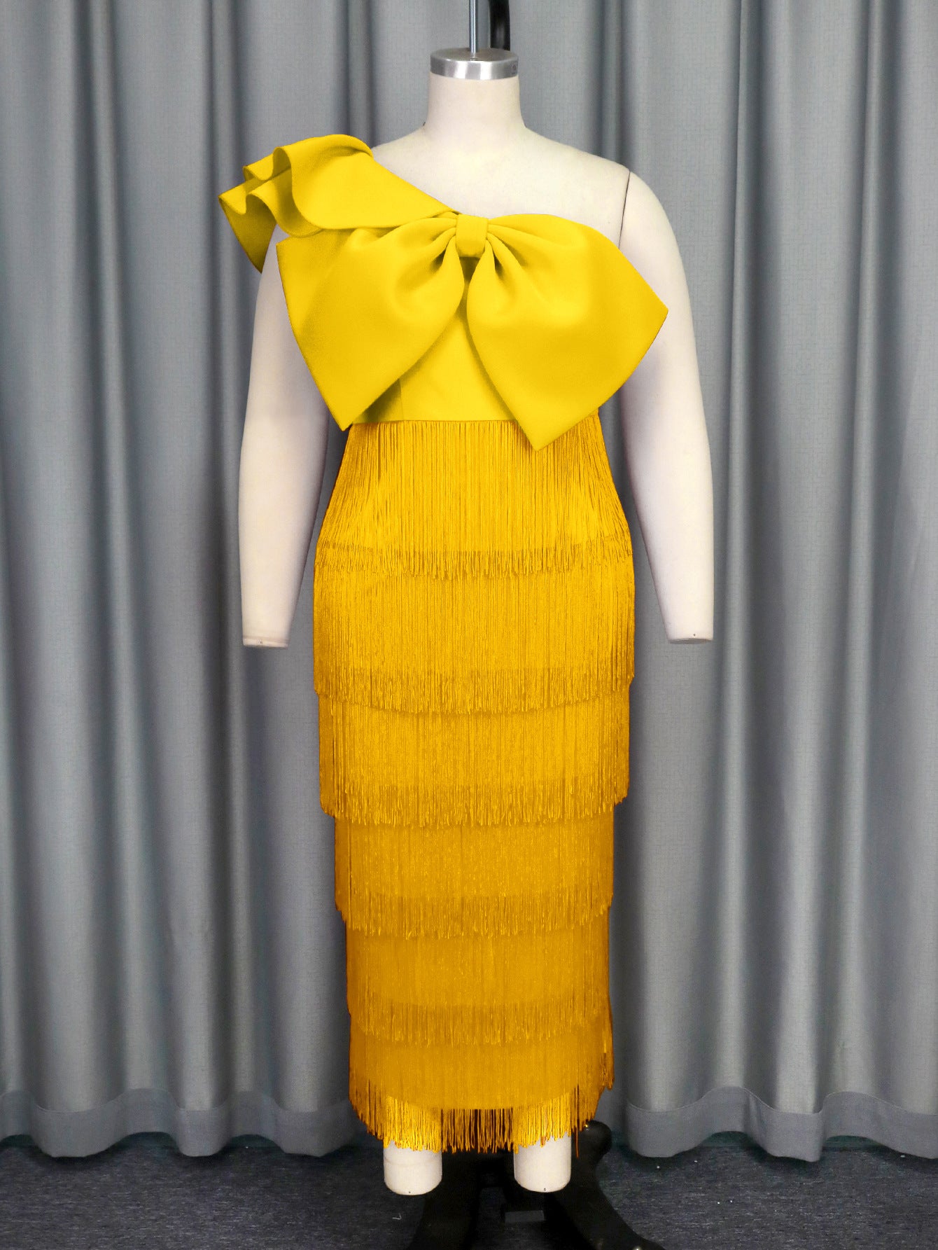 Elegant Solid Color Slash Shoulder Big Bow Fringe Formal Party Dress 4