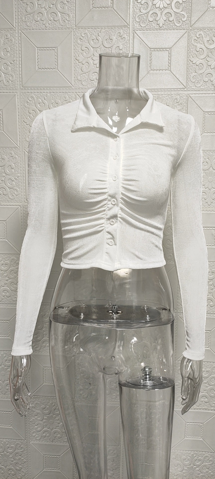 Women Sexy Pleated Turndown Collar Long Sleeve Shirt 12