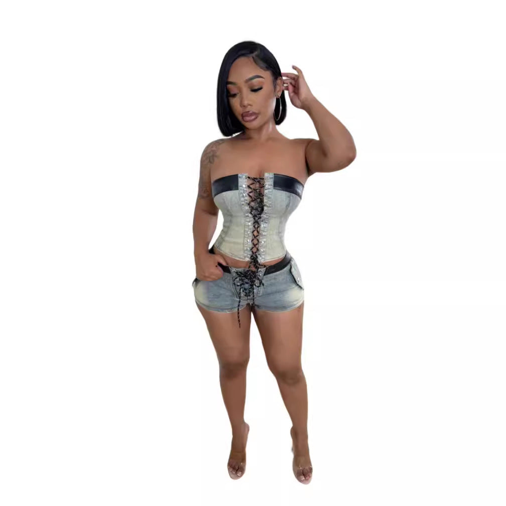 Women Stretch Denim Strapless Lace-Up Top and Shorts Two-piece Set 5