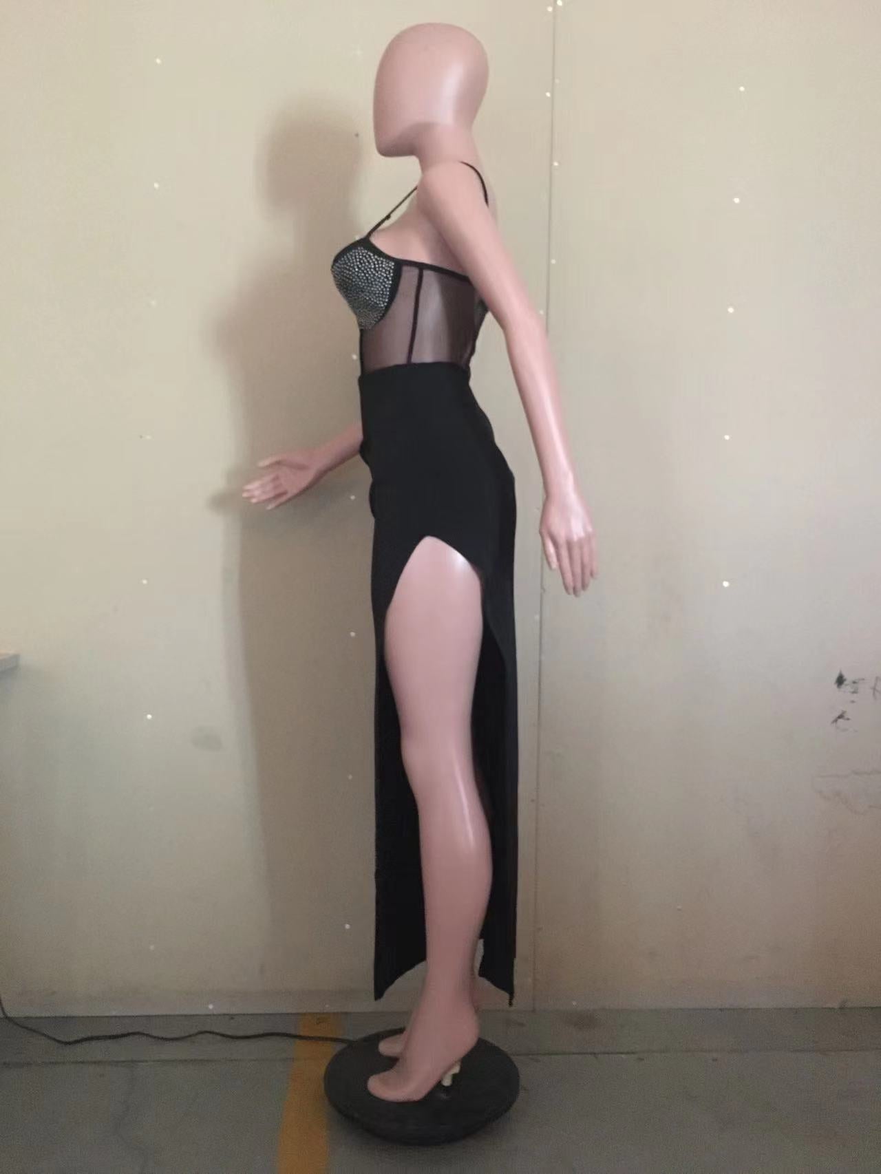 Women Summer Patchwork Mesh Beaded Slit Long Dress 23