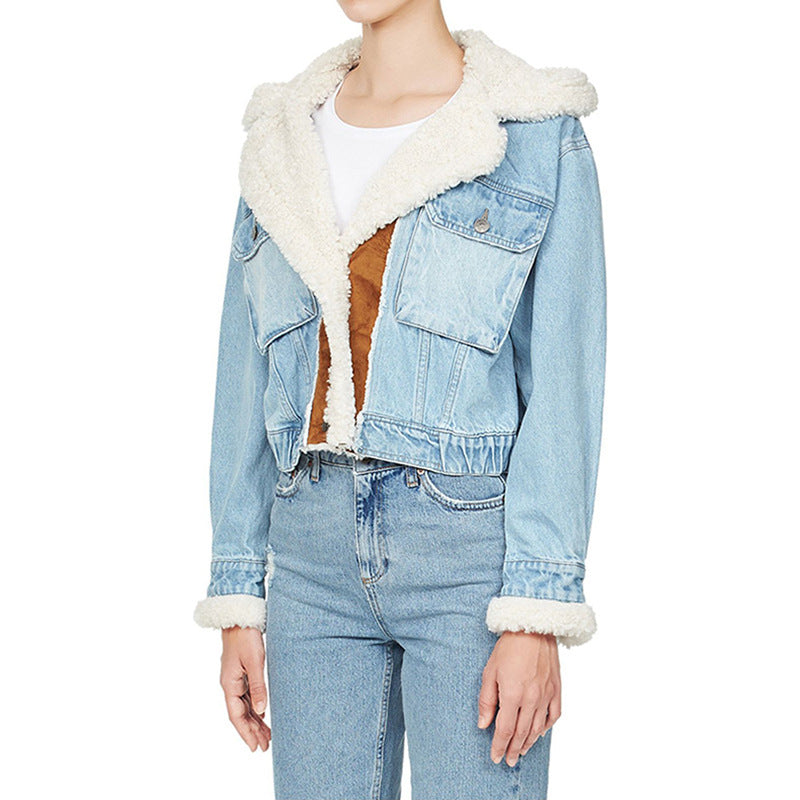 Women Denim Lamb Wool Autumn and Winter Patchwork Style Single Breasted Crop Jacket