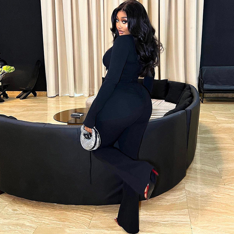 Women Solid Casual Mesh Patchwork Long Sleeve Top and Pants Two-piece Set 3