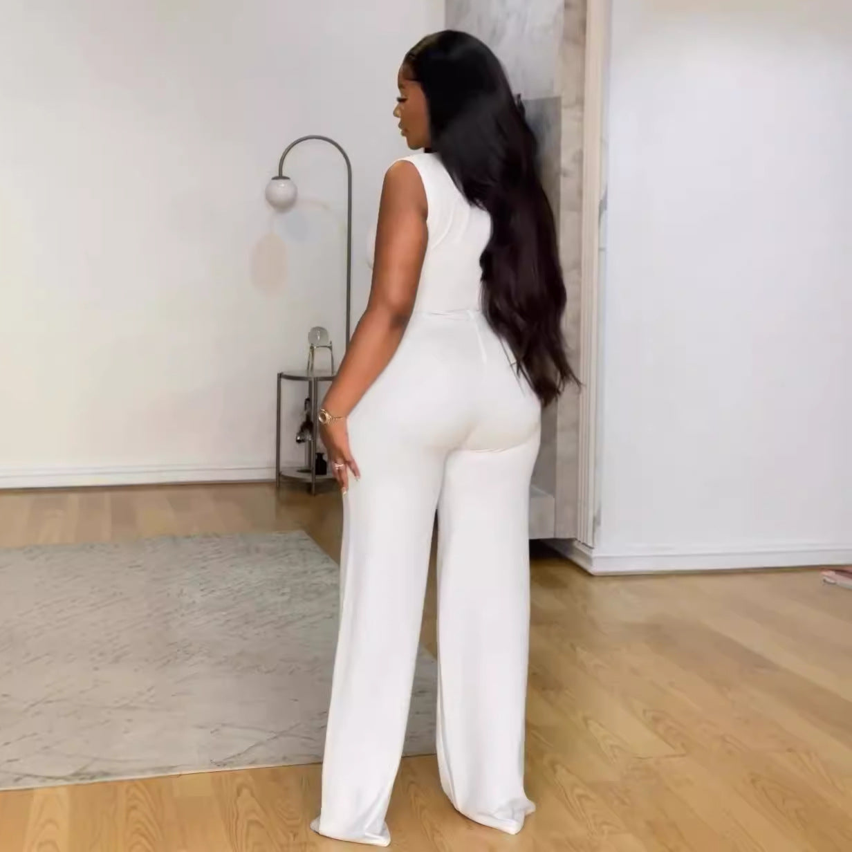 Sexy solid color sleeveless pleated wide-leg Jumpsuit 5