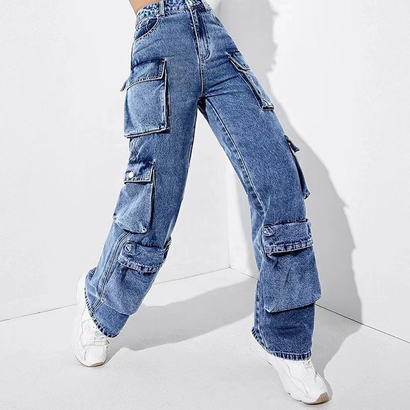 Women's High Waist Pocket Loose Cargo Denim Pants 5