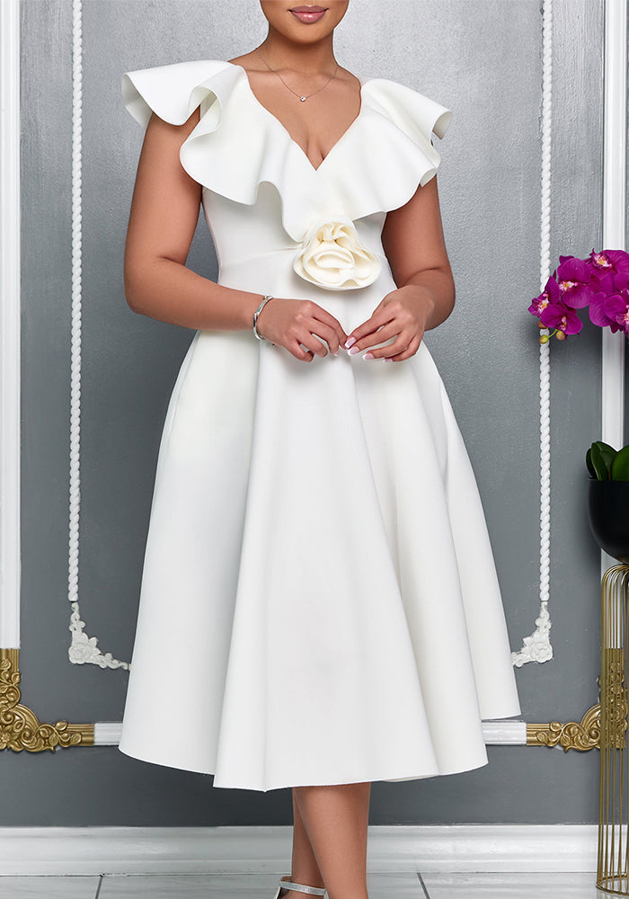 V Neck Floral Ruffle A-line Dress for Women Formal Party Gown