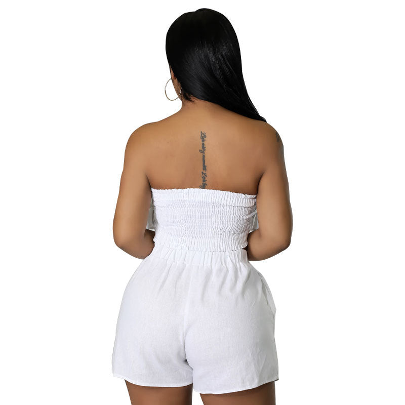 Women's Fashion Solid Strapless Two-Piece Shorts Set Casual Ladies Casual Summer Outfit 7