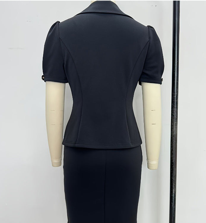 Spring Women's Short-Sleeved Solid Color Double-Breasted Jacket Slim Short Skirt Two-Piece Set 8