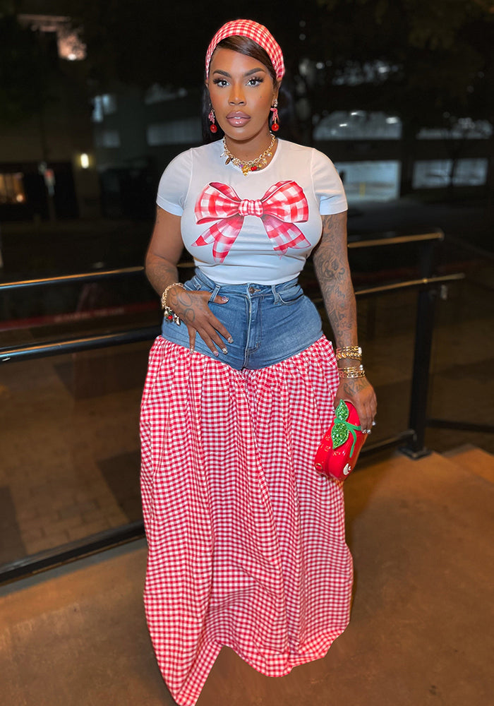 Women Patchwork Plaid Print T-shirt Casual Wide Leg Pants Two-piece Set 5