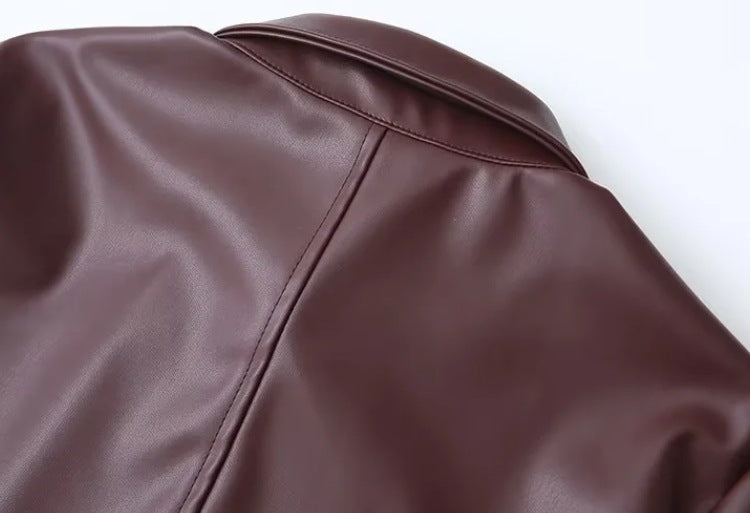 Women's Turndown Collar Button Pu Jacket Mini Skirt Two-Piece Set 13