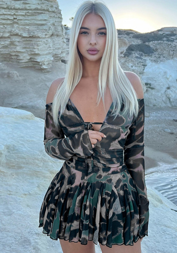 Women Winter Printed Long Sleeve Sexy Tie Halter Neck Pleated Dress