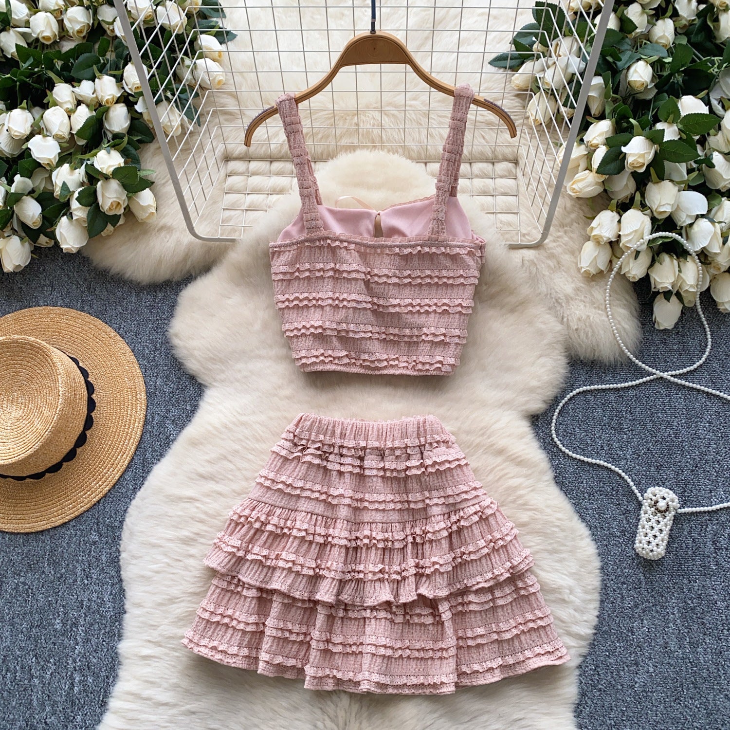 Summer Chic Women's Square Neck Camisole Vest High Waist Pleated Ruffle Skirt Two Piece Set 9