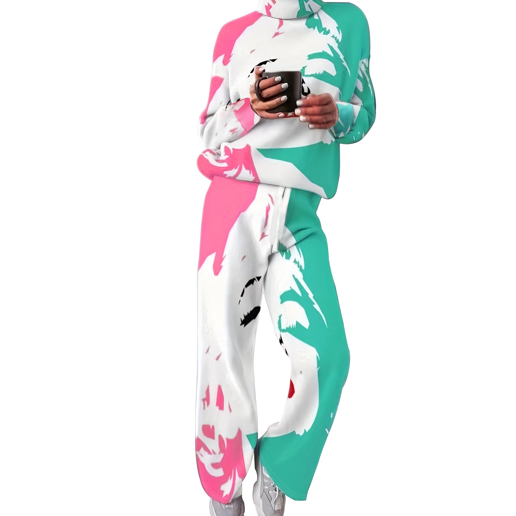 Autumn And Winter Women's Fashion Printed Casual Turtleneck Top Loose Trousers Two-Piece Set 6