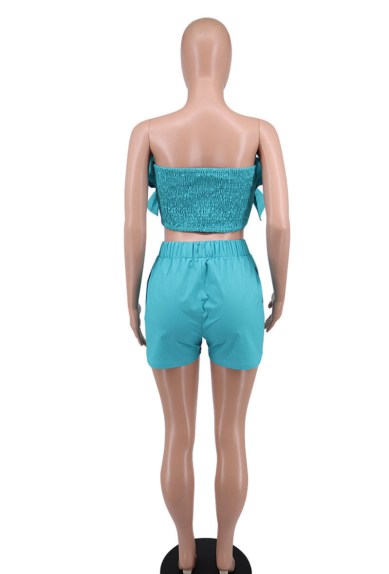 Women's Fashion Solid Strapless Two-Piece Shorts Set Casual Ladies Casual Summer Outfit 13