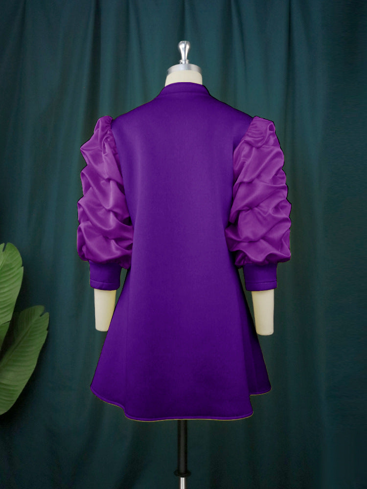 Plus Size Women's Career Stand Collar Pleated Sleeve A-Line Dresses 13