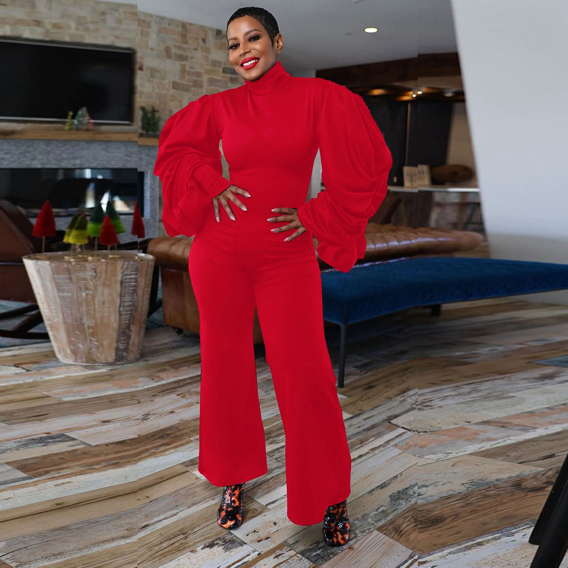 Sexy Pleated Balloon Sleeves Slim Waist Wide-Leg Jumpsuit 4