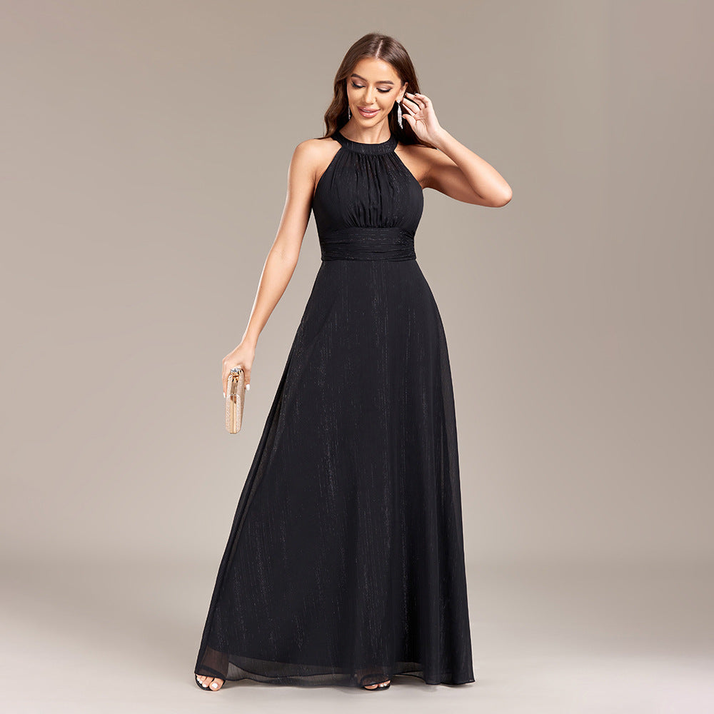 Halter Neck Low Back Pleated Slim Waist Formal Party Black Evening Gown 7
