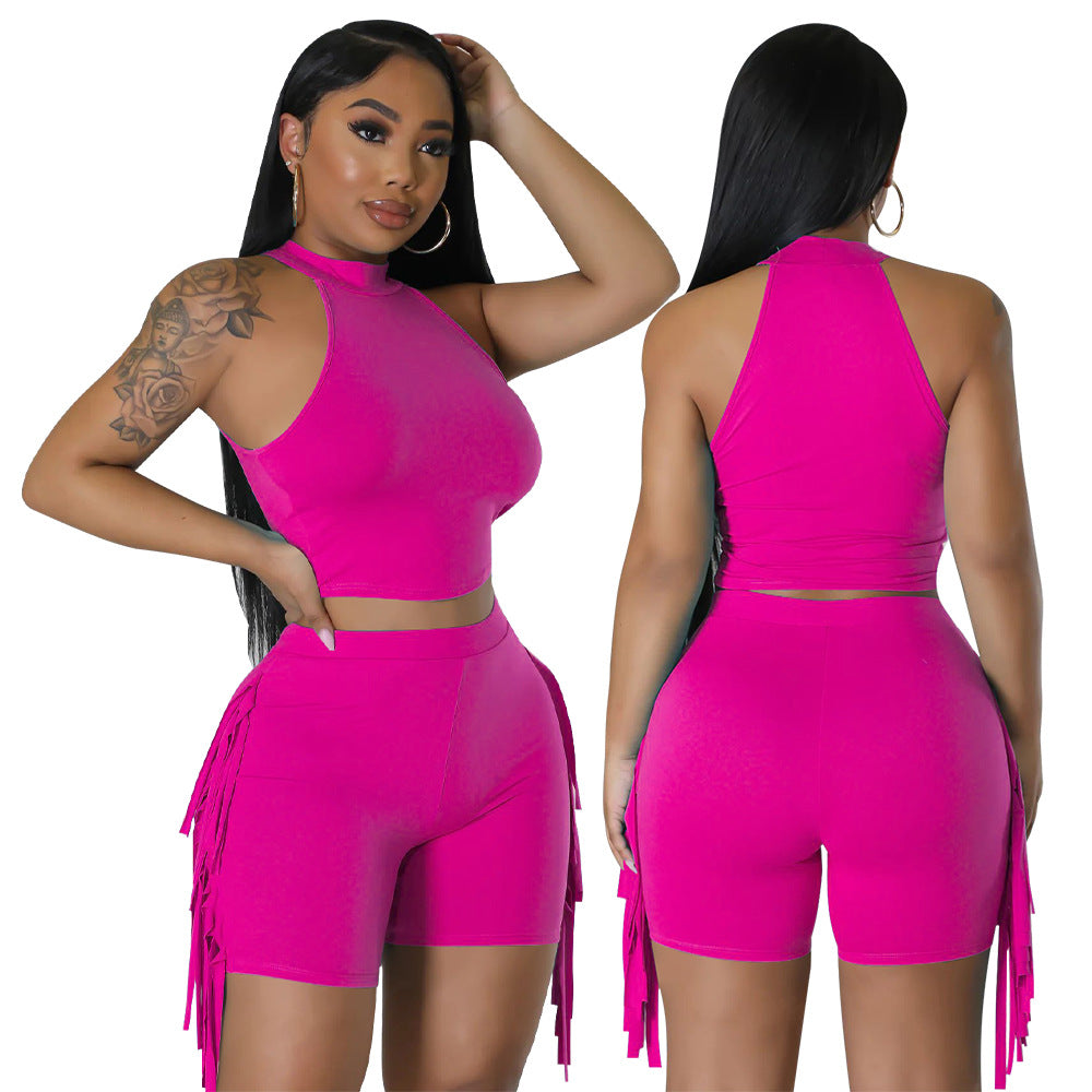 Women Sleeveless Round Neck Top and Tassel Shorts Casual Two-Piece Set 3