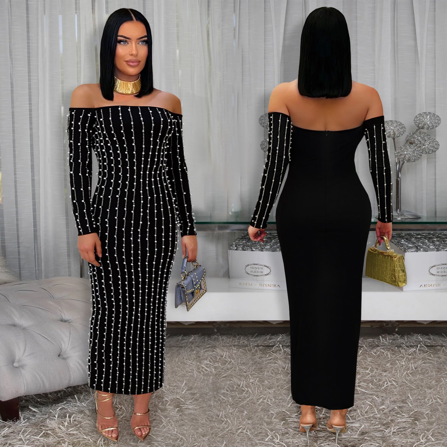 Fashion Women's Elegant Long-Sleeve Off Shoulder Rhinestone Bodycon Dress 5