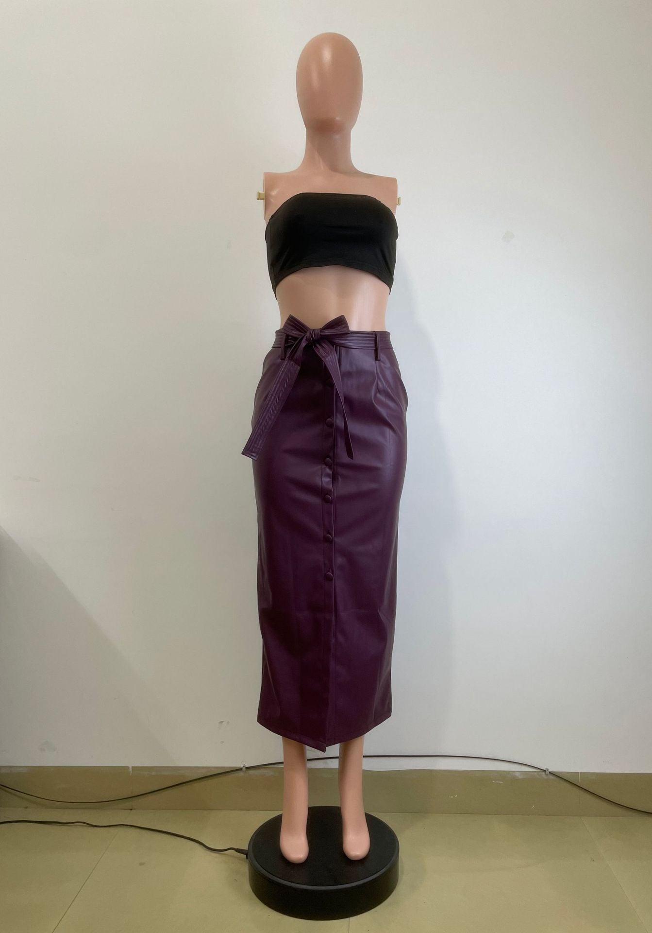 Autumn And Winter Mid-Length Black Pu Buckle Slit  Casual Leather Skirt With Belt 18