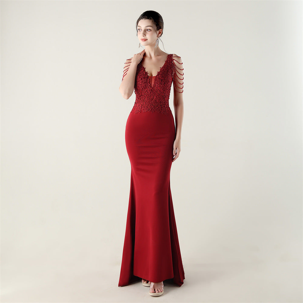 Beaded Lace Fishtail Evening Dress Wedding Formal Party Gown 8