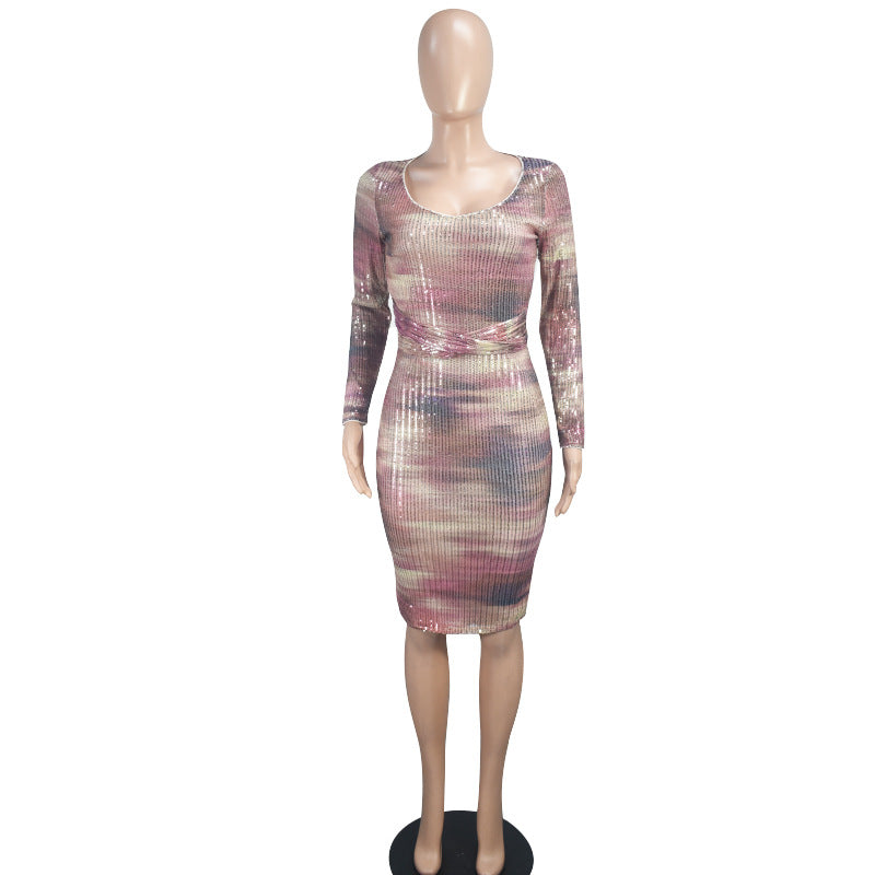 Women's Fashionable V-Neck Long-Sleeved Sequined Bodycon Dress 9