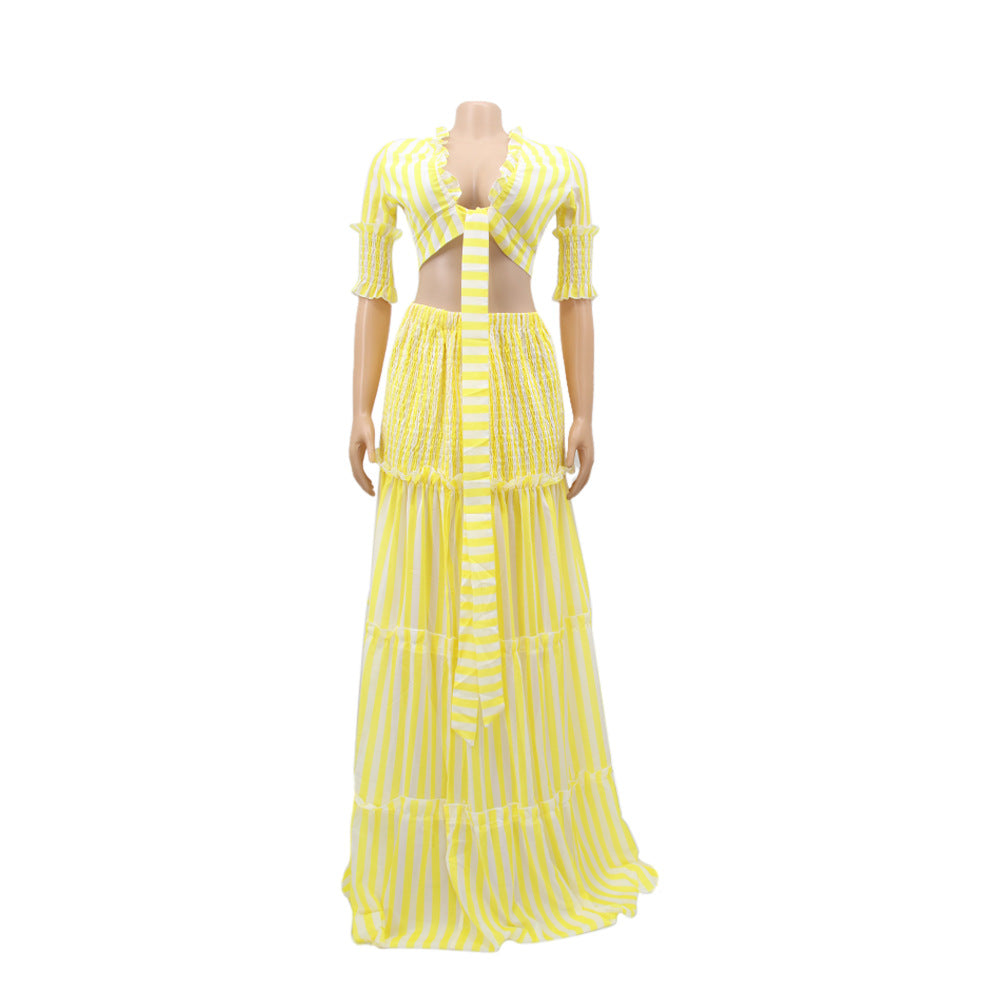 Women striped chiffon print Top and Skirt two-piece set 20