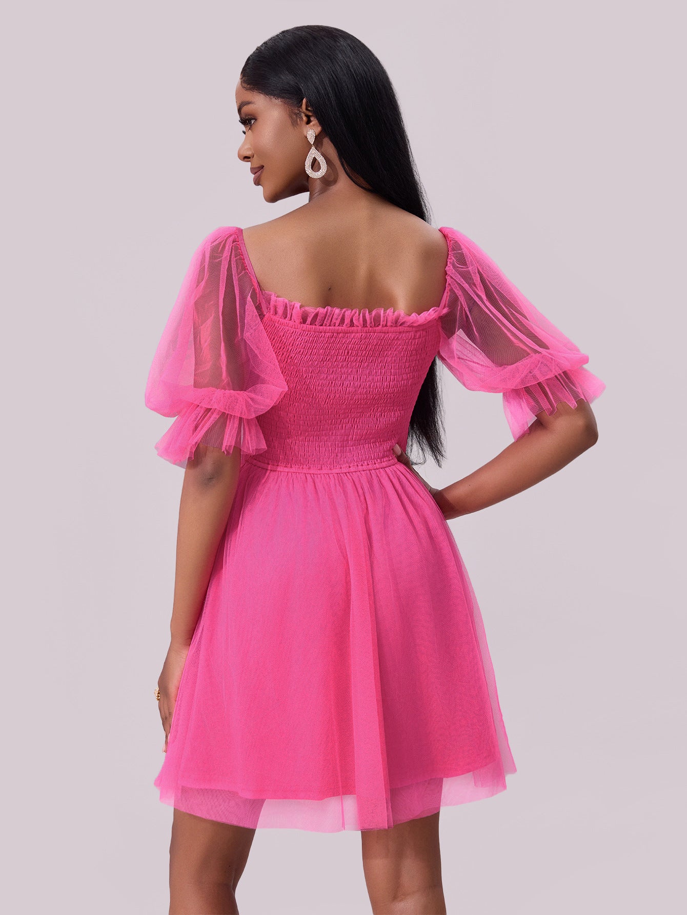 Women Formal Dress Off Shoulder Long Sleeve Pleated Mesh Dress 5