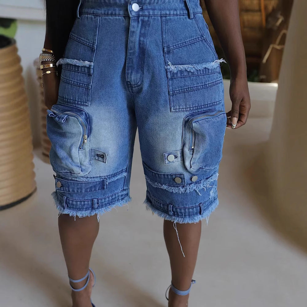 Women's Fashion Loose Casual Zipper Pocket Denim Shorts