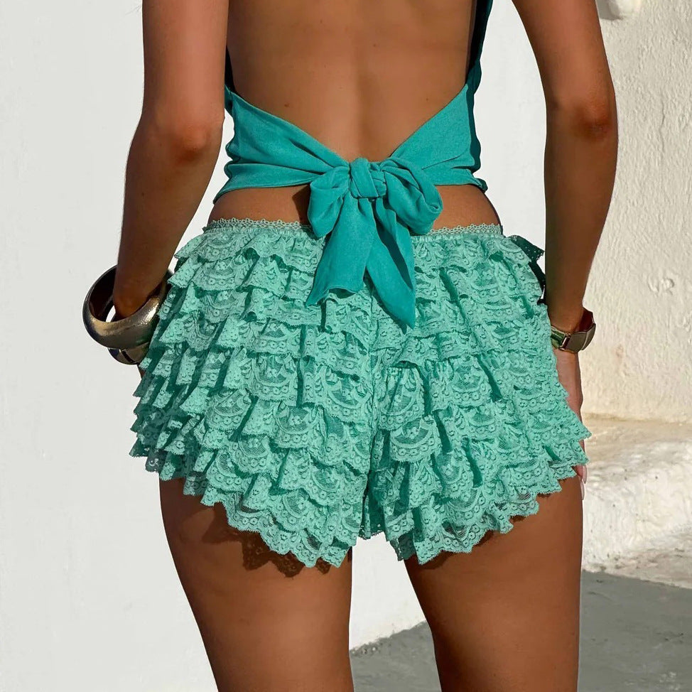 Women's Sexy Lace Ruffled Solid Color Low-Rise Beach Shorts 7