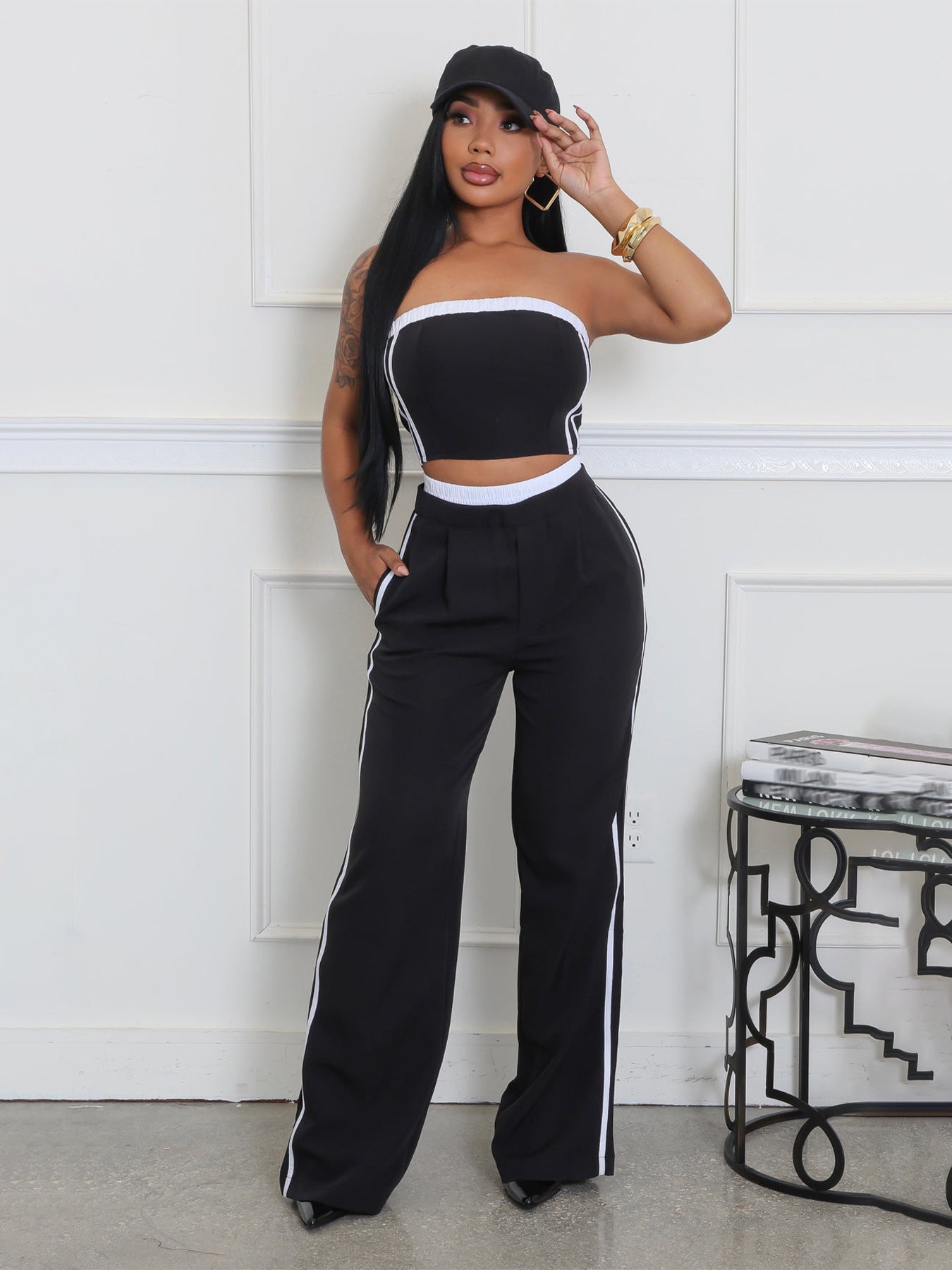 Summer Fashion Strapless Top Wide Leg Loose Pants Set 4