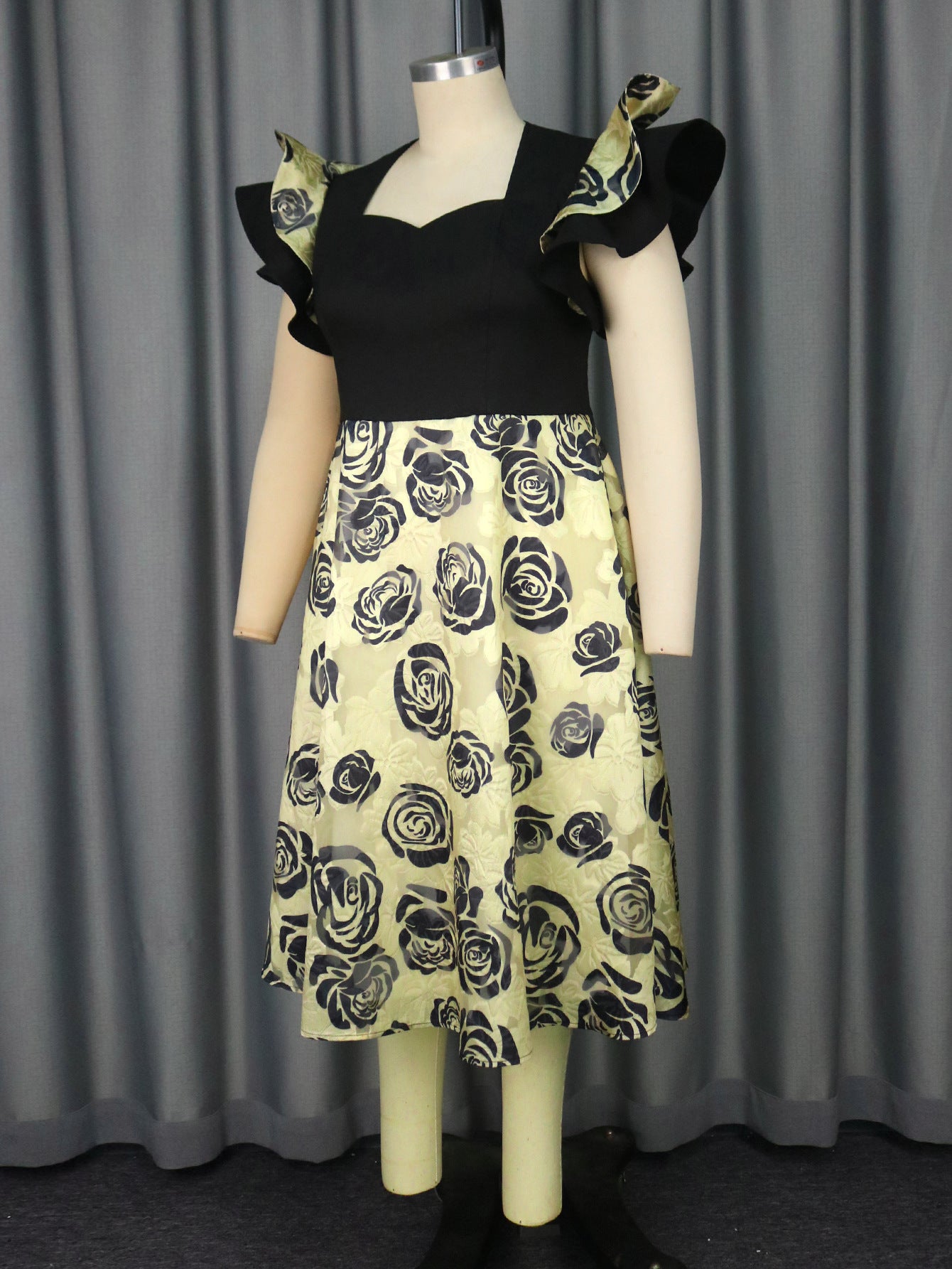 Women square neck Ruffle Sleeve rose jacquard Formal Party Dress 6