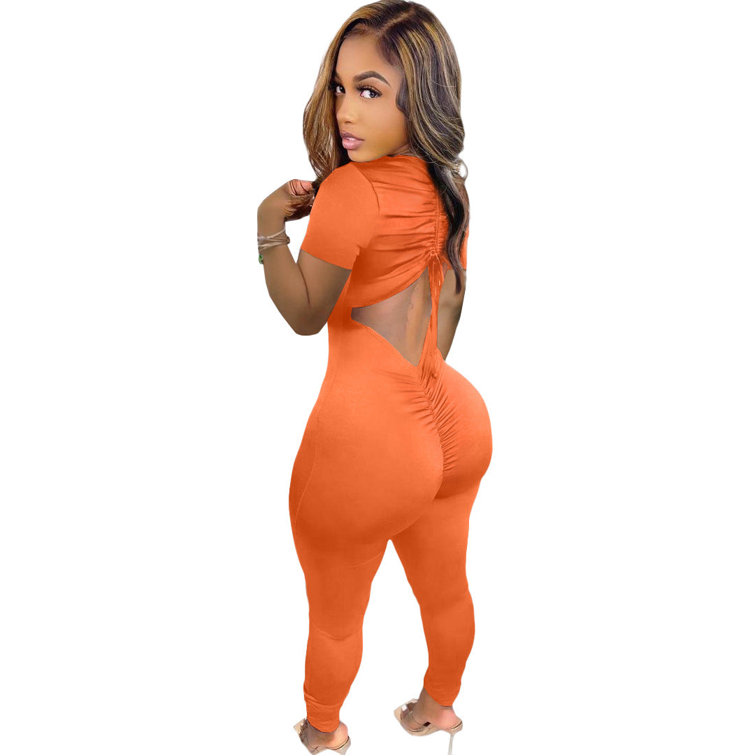 Women's Spring/Summer Back Drawstring Ruched Short Sleeve Jumpsuit 9