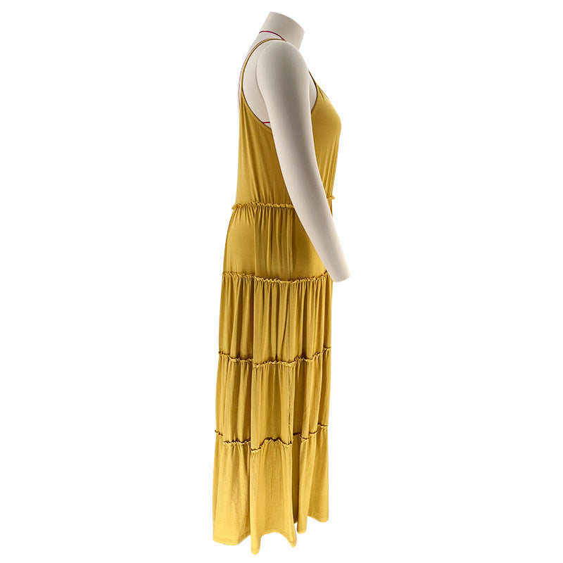 Summer Plus Size Women's Solid Color Sexy Camisole Pleated Patchwork Fashion Casual Dress 32