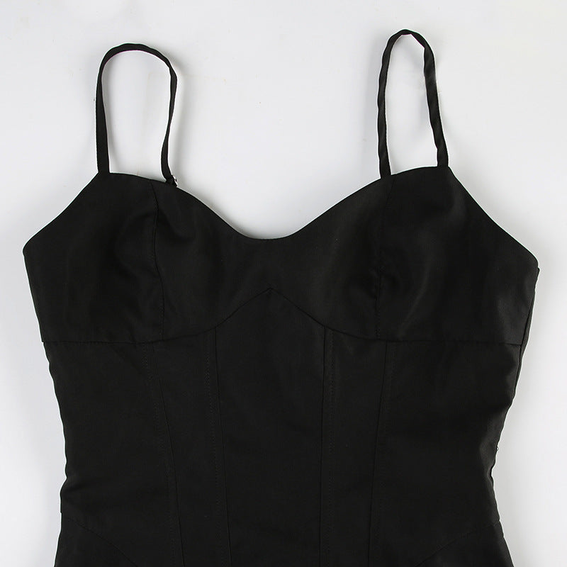 Chic Solid Color Black Strap Slim A-Line Long Dress 9