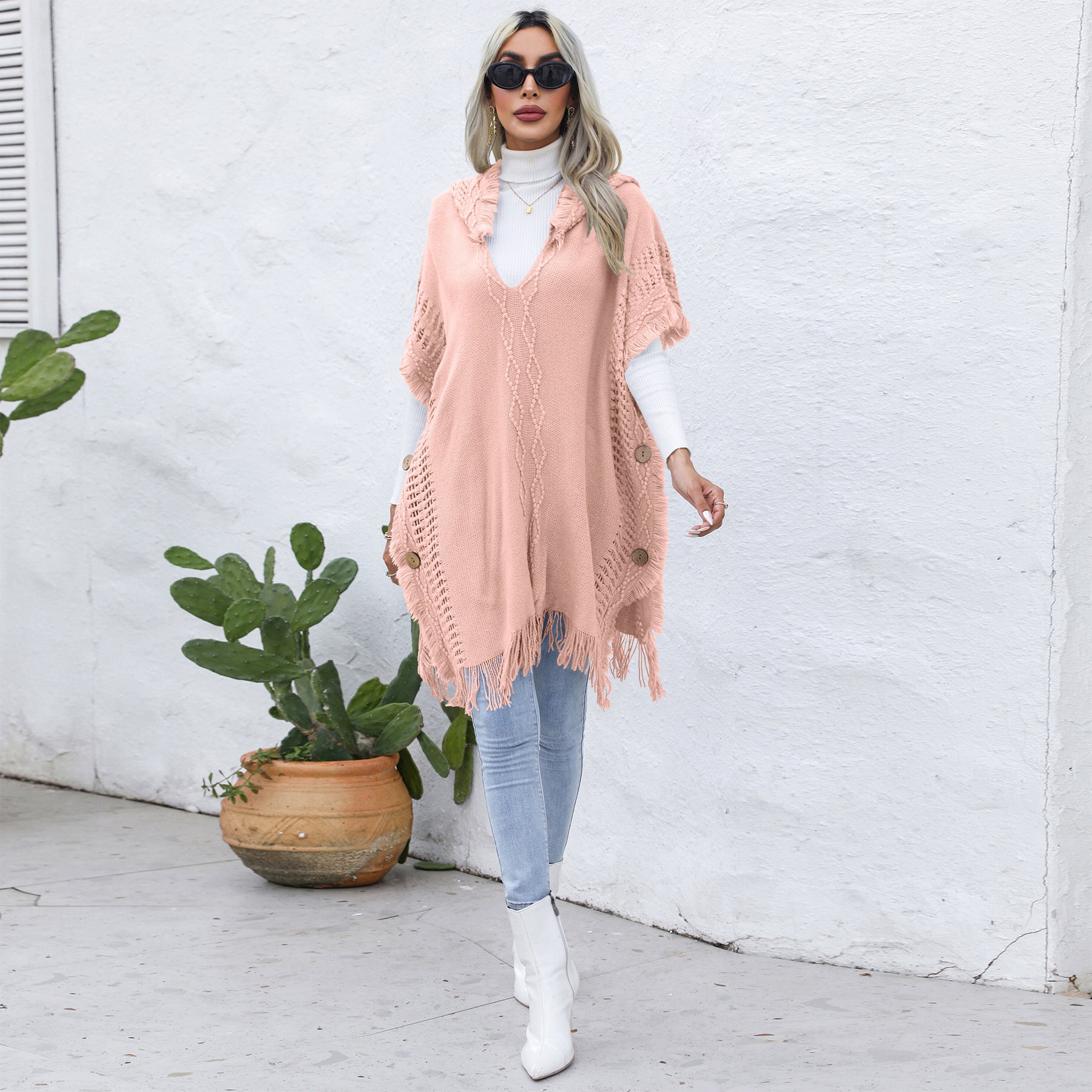 Women Casual Loose v-tie hat vest cloak sweater jacket 7