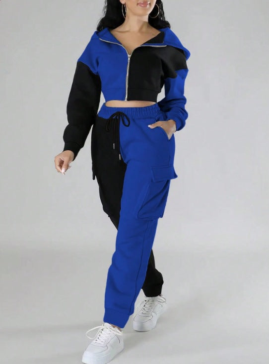 Sporty Women's Set Trendy Color-Block Cropped Hoodie & Cargo Joggers Two-Piece 10