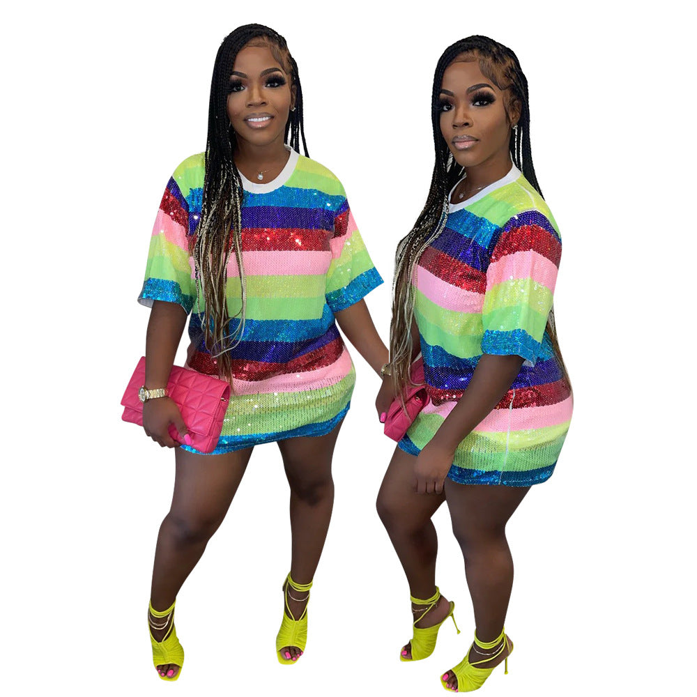 Trendy Round Neck Half Sleeve Loose Sequin Print Party Sequined Nightclub Style Women's Dress 6