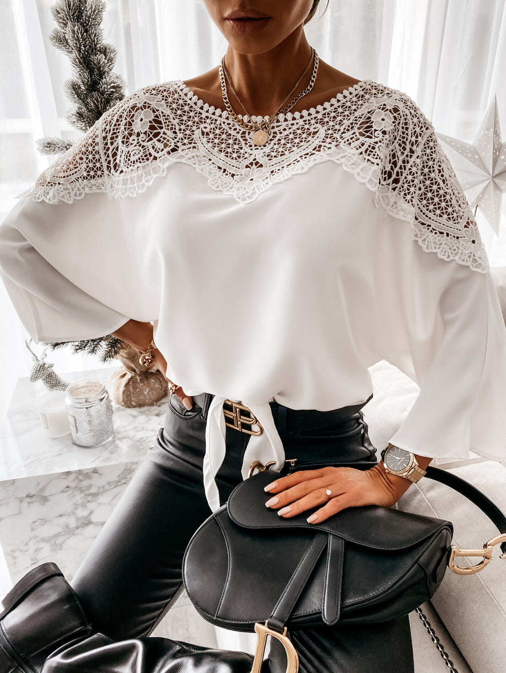 Loose chiffon bat long sleeve Lace Patchwork shirt for women