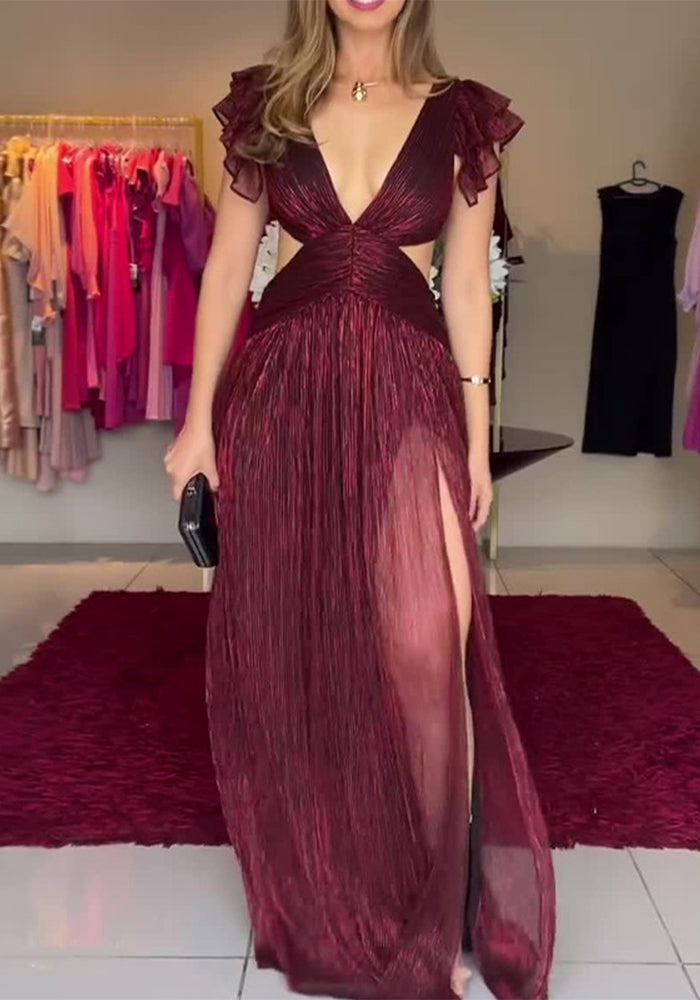 Summer fashion lace sleeve hollow sexy slit evening dress